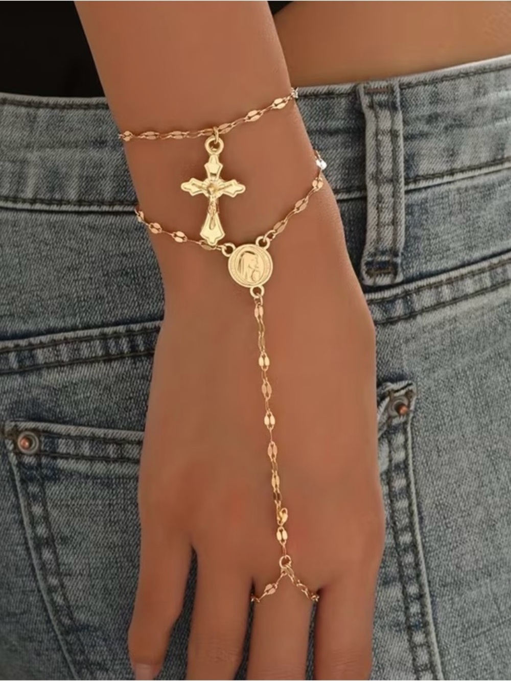 Gold Religious Cross Hand Chain Bracelet